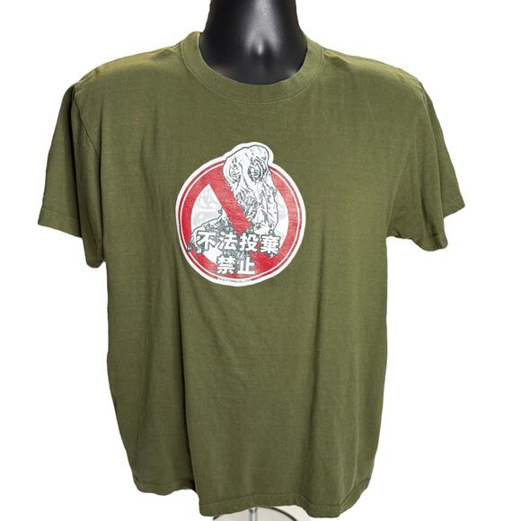 Hedorah Sign Art No Dumping Godzilla T-shirt Olive Green Japan Tee Size Large - Picture 1 of 9